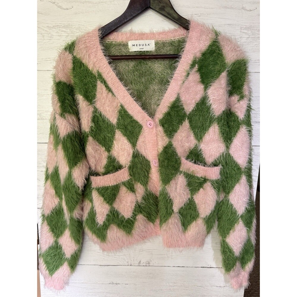 Checkered Green & Pink fuzzy sweater, Sz Small